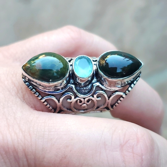 New Bloodstone & Chalcedony 925 Silver Statement Ring. - Picture 2 of 14
